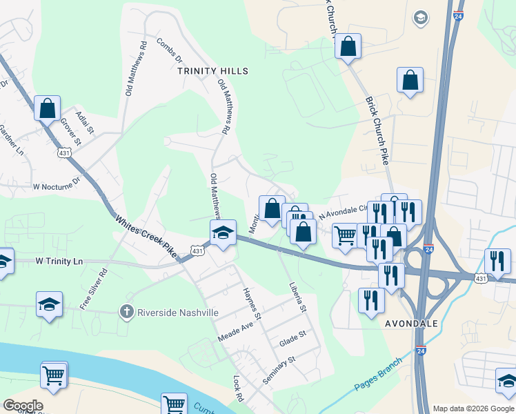 map of restaurants, bars, coffee shops, grocery stores, and more near 437 Monticello St in Nashville