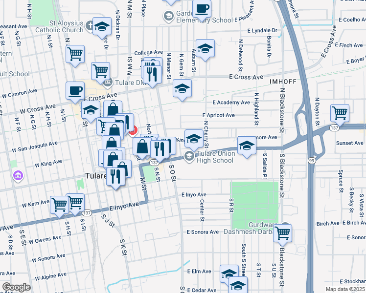 map of restaurants, bars, coffee shops, grocery stores, and more near 140-198 North Madden Street in Tulare