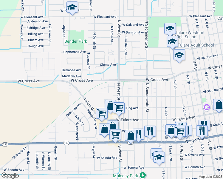 map of restaurants, bars, coffee shops, grocery stores, and more near Tulare Santa Fe Trail in Tulare