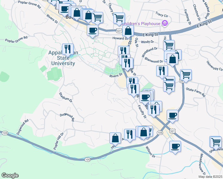 map of restaurants, bars, coffee shops, grocery stores, and more near 139 Whitener Drive in Boone
