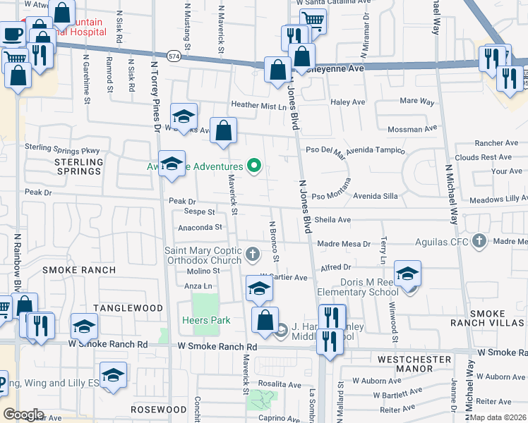map of restaurants, bars, coffee shops, grocery stores, and more near 6106 Patriots Point Court in Las Vegas