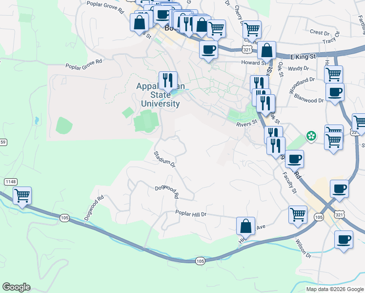 map of restaurants, bars, coffee shops, grocery stores, and more near 239 Tanglewood Drive in Boone