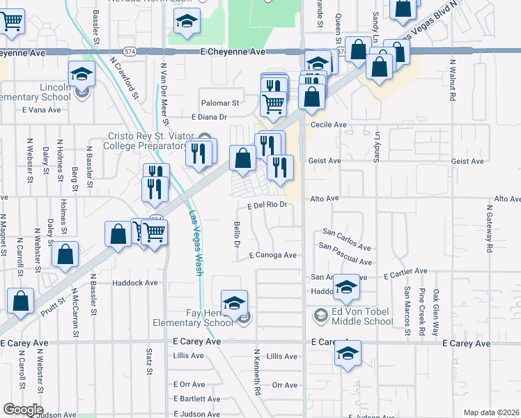 map of restaurants, bars, coffee shops, grocery stores, and more near 3517 East Del Rio Drive in North Las Vegas