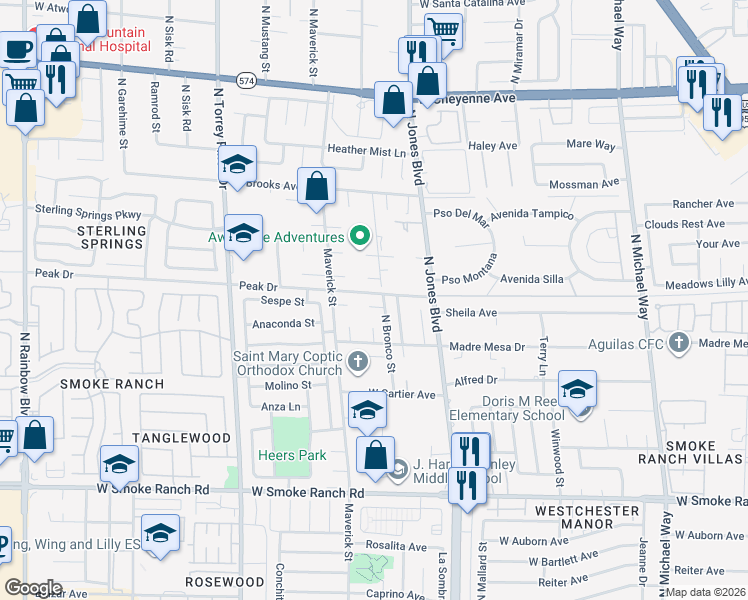 map of restaurants, bars, coffee shops, grocery stores, and more near 6112 Patriots Point Court in Las Vegas
