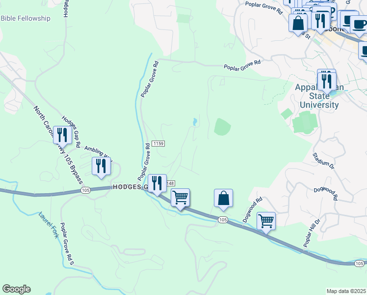 map of restaurants, bars, coffee shops, grocery stores, and more near 370 Homespun Hills Road in Boone
