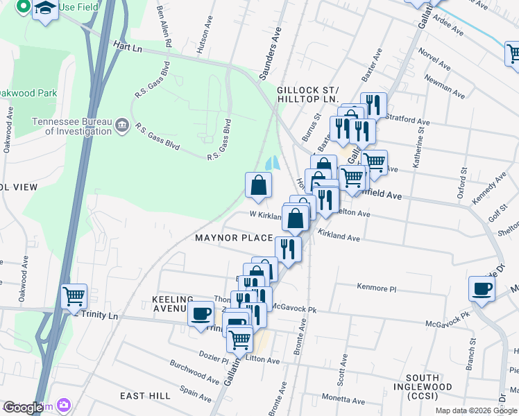 map of restaurants, bars, coffee shops, grocery stores, and more near 1005 West Kirkland Avenue in Nashville