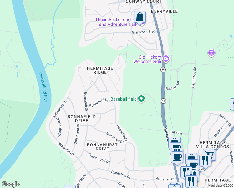 map of restaurants, bars, coffee shops, grocery stores, and more near 844 Heritage Trail in Nashville