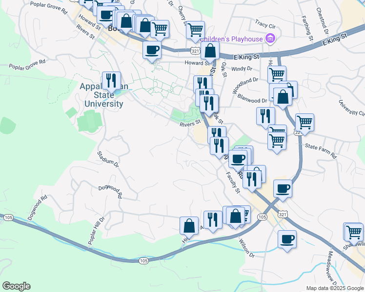 map of restaurants, bars, coffee shops, grocery stores, and more near 139 Whitener Drive in Boone