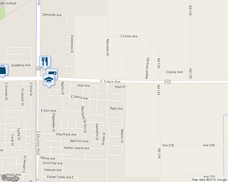 map of restaurants, bars, coffee shops, grocery stores, and more near 3023 Hoyt Place in Tulare