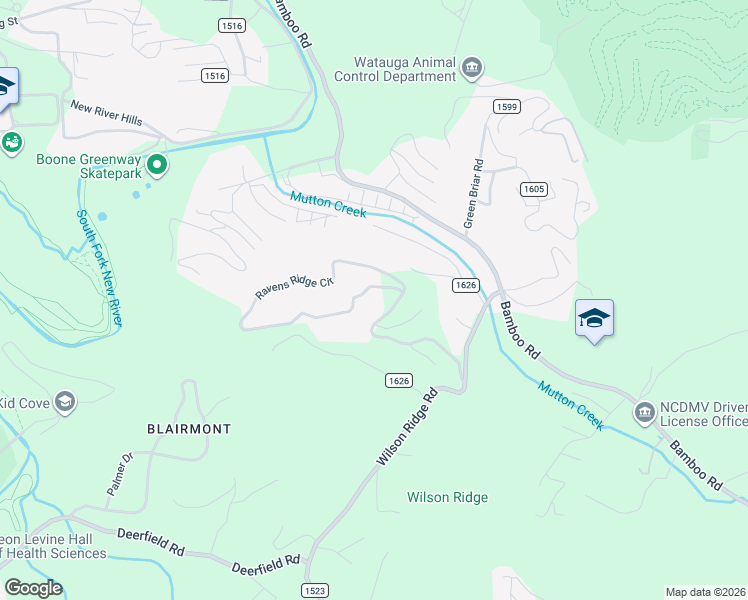 map of restaurants, bars, coffee shops, grocery stores, and more near 1408 Ravens Ridge Circle in Boone