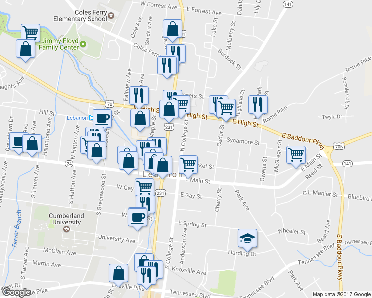 map of restaurants, bars, coffee shops, grocery stores, and more near 213 North College Street in Lebanon
