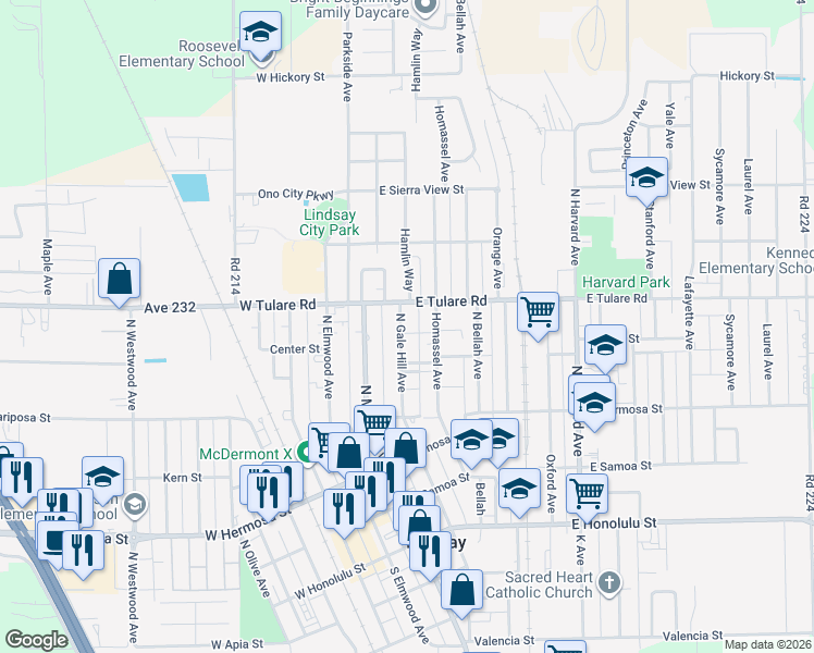 map of restaurants, bars, coffee shops, grocery stores, and more near 668 North Gale Hill Avenue in Lindsay