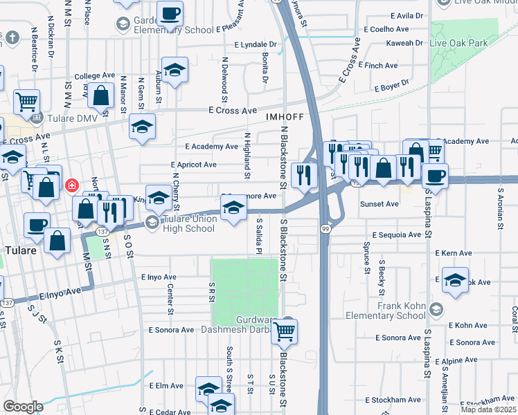 map of restaurants, bars, coffee shops, grocery stores, and more near 1042 East Tulare Avenue in Tulare