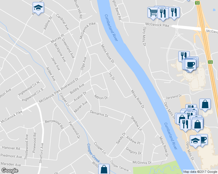 map of restaurants, bars, coffee shops, grocery stores, and more near 2400 Milton Drive in Nashville