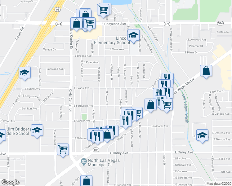 map of restaurants, bars, coffee shops, grocery stores, and more near 2728 North Webster Street in North Las Vegas