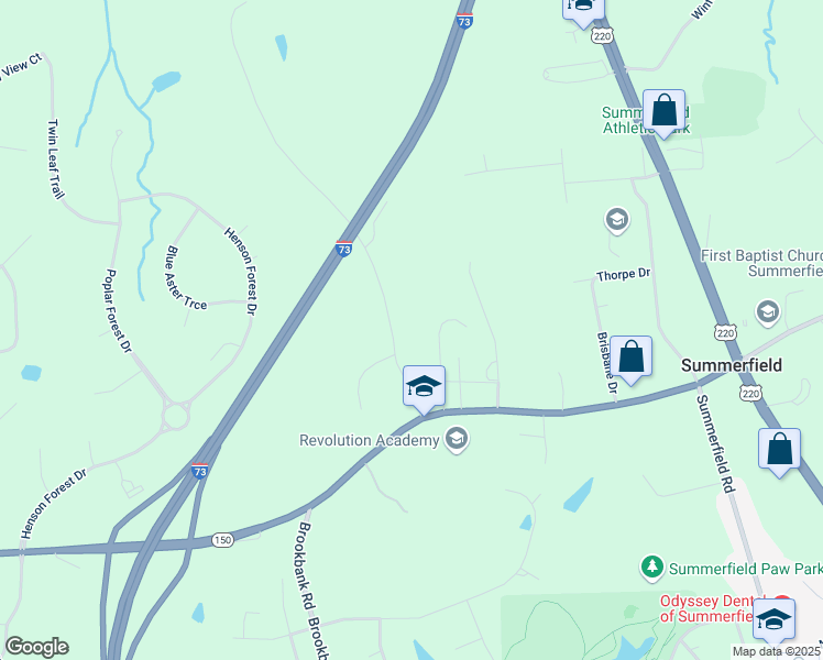 map of restaurants, bars, coffee shops, grocery stores, and more near 7620 Deboe Road in Summerfield