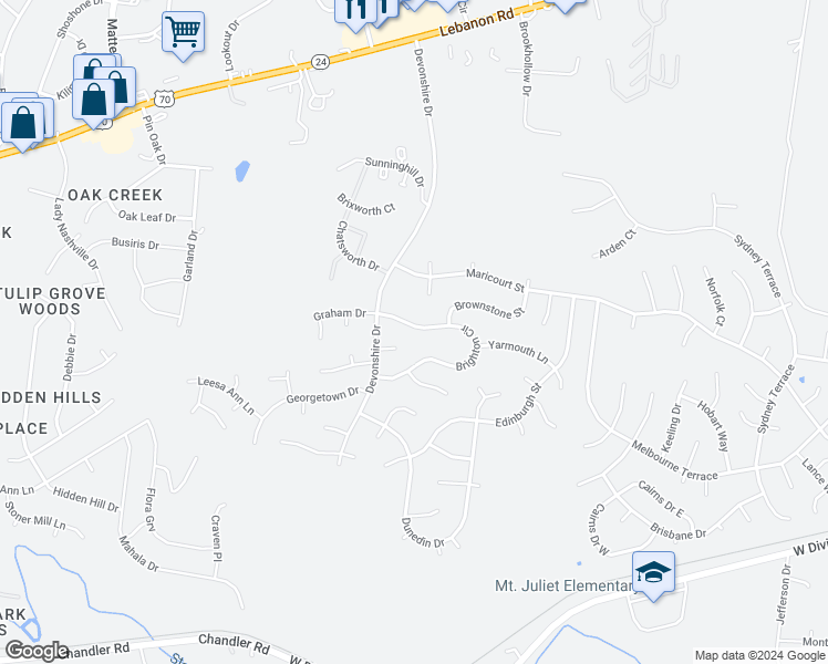 map of restaurants, bars, coffee shops, grocery stores, and more near 1410 Brighton Circle in Mount Juliet