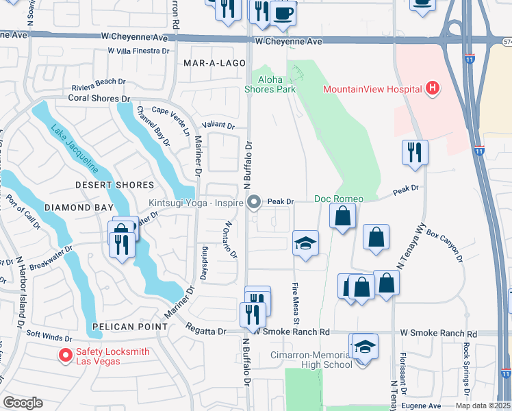 map of restaurants, bars, coffee shops, grocery stores, and more near 7493 Peak Drive in Las Vegas