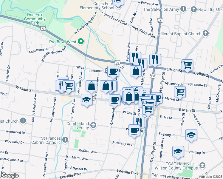 map of restaurants, bars, coffee shops, grocery stores, and more near 108 North Greenwood Street in Lebanon