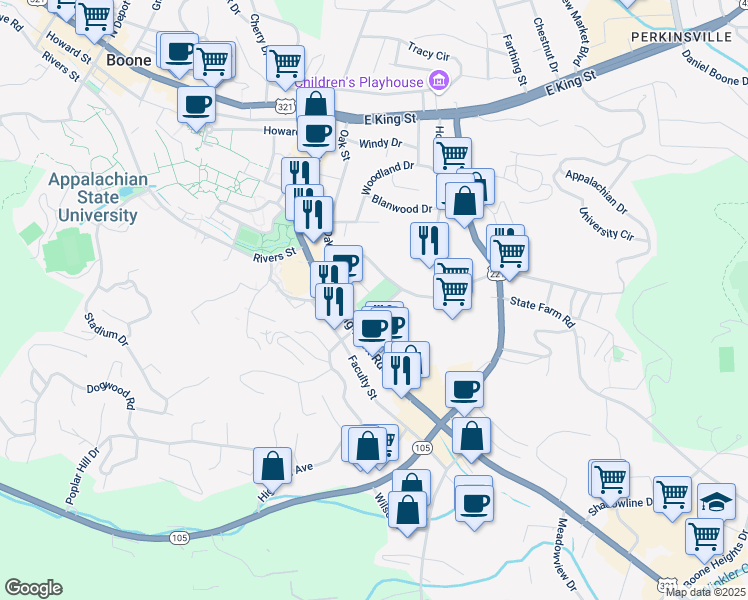 map of restaurants, bars, coffee shops, grocery stores, and more near 527 Oak Street in Boone