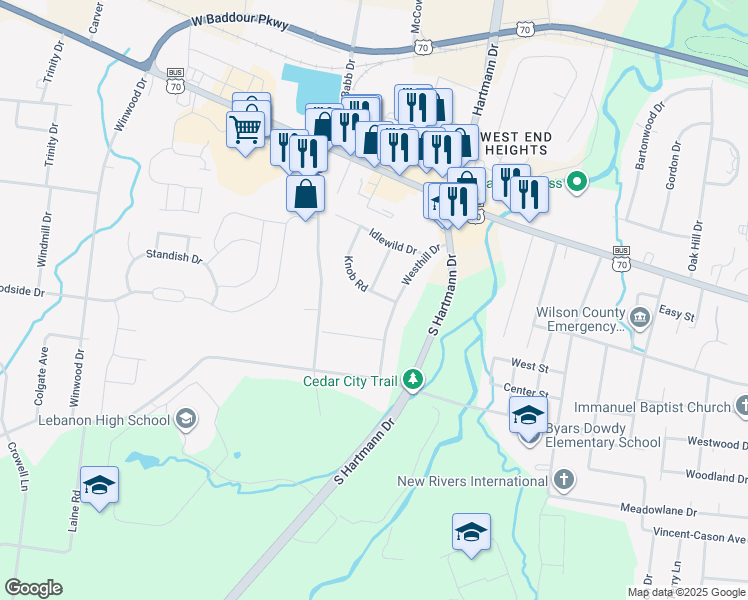 map of restaurants, bars, coffee shops, grocery stores, and more near 222 Knob Road in Lebanon