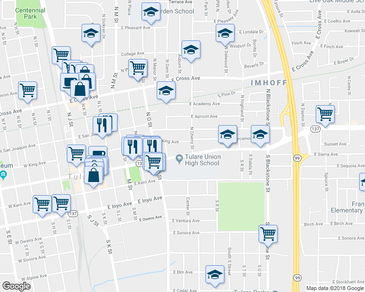 map of restaurants, bars, coffee shops, grocery stores, and more near 777 East King Avenue in Tulare