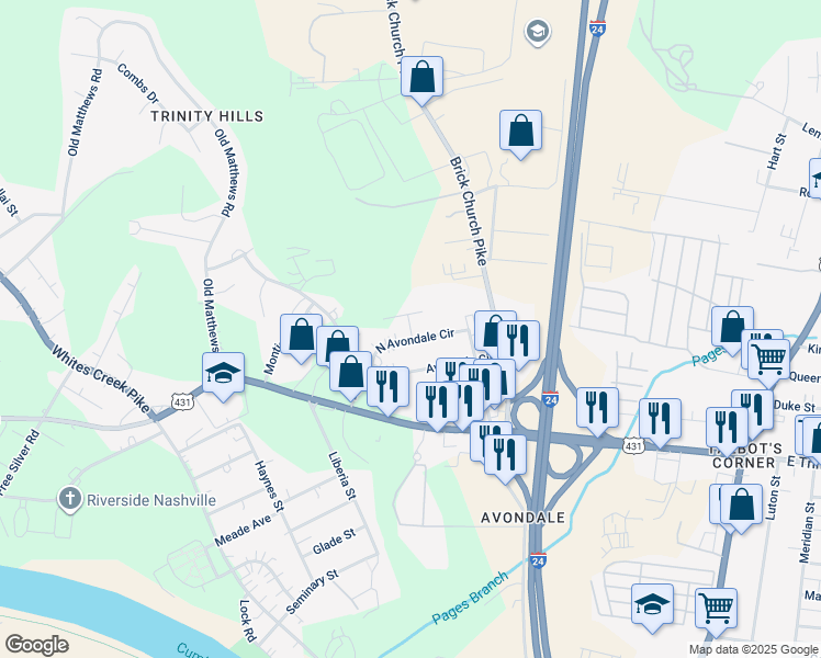 map of restaurants, bars, coffee shops, grocery stores, and more near 1247 North Avondale Circle in Nashville
