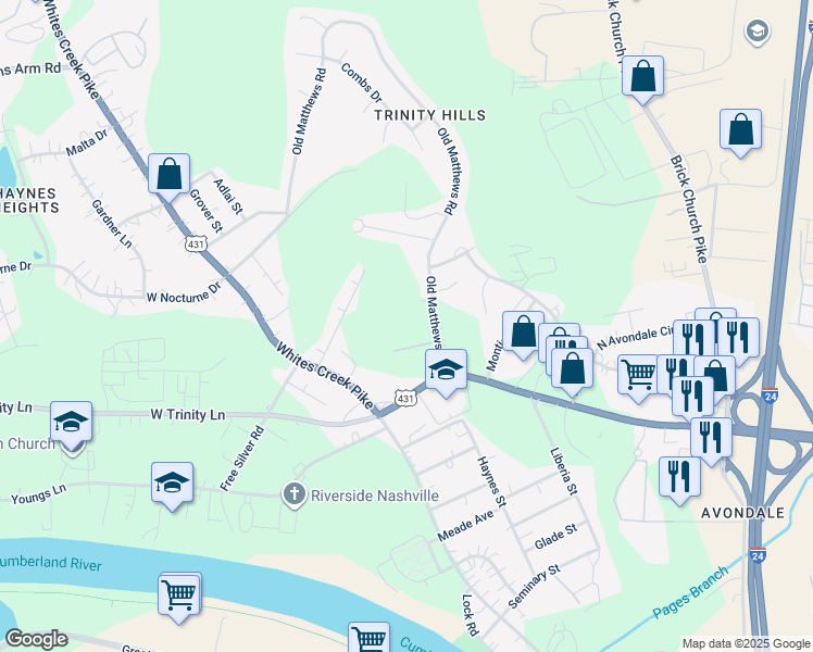 map of restaurants, bars, coffee shops, grocery stores, and more near 2209 Old Matthews Road in Nashville