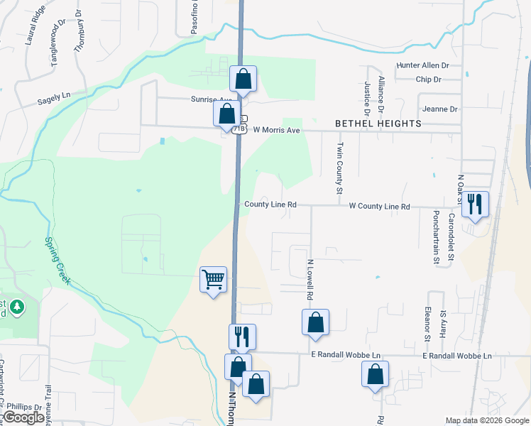map of restaurants, bars, coffee shops, grocery stores, and more near 807 West County Line Road in Springdale