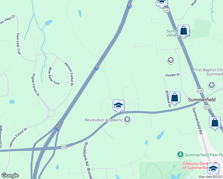 map of restaurants, bars, coffee shops, grocery stores, and more near 7620 Deboe Road in Summerfield