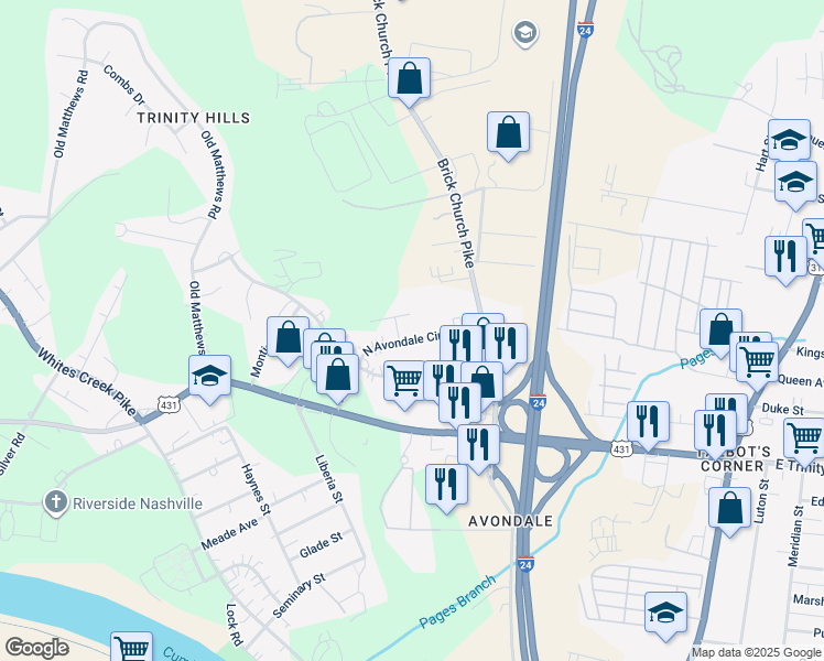 map of restaurants, bars, coffee shops, grocery stores, and more near 1247 North Avondale Circle in Nashville