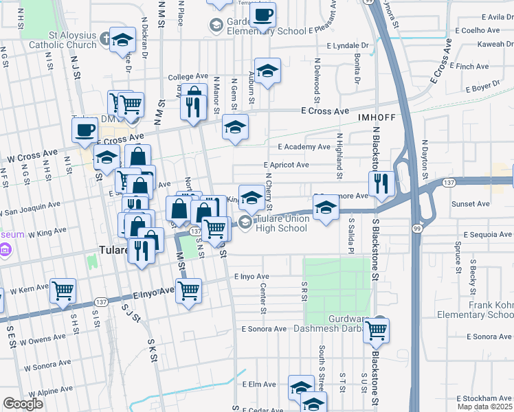 map of restaurants, bars, coffee shops, grocery stores, and more near 777 East King Avenue in Tulare