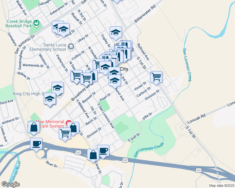 map of restaurants, bars, coffee shops, grocery stores, and more near 415 Pearl Street in King City