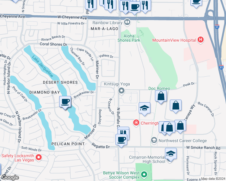 map of restaurants, bars, coffee shops, grocery stores, and more near 2705 North Ontario Drive in Las Vegas