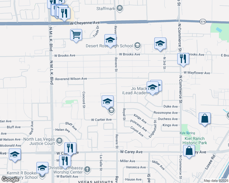 map of restaurants, bars, coffee shops, grocery stores, and more near 2725 Revere Street in North Las Vegas