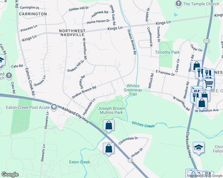 map of restaurants, bars, coffee shops, grocery stores, and more near 4313 Drakewood Lane in Nashville