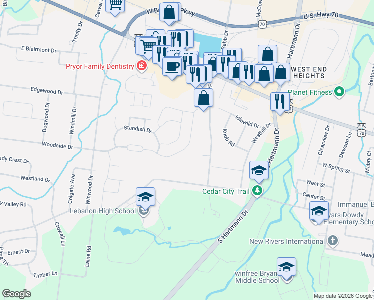 map of restaurants, bars, coffee shops, grocery stores, and more near 1442 Woodside Drive in Lebanon