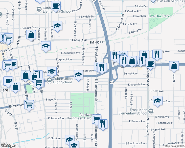 map of restaurants, bars, coffee shops, grocery stores, and more near 1078 East Tulare Avenue in Tulare