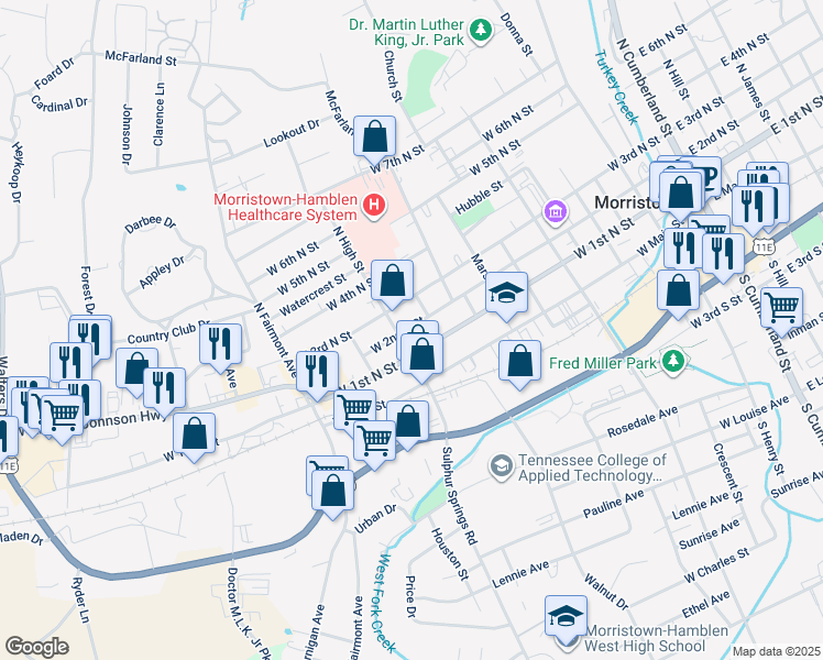 map of restaurants, bars, coffee shops, grocery stores, and more near 925 West 2nd North Street in Morristown