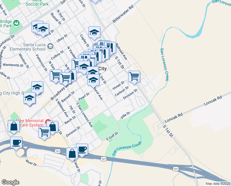 map of restaurants, bars, coffee shops, grocery stores, and more near 224 Carlson Street in King City