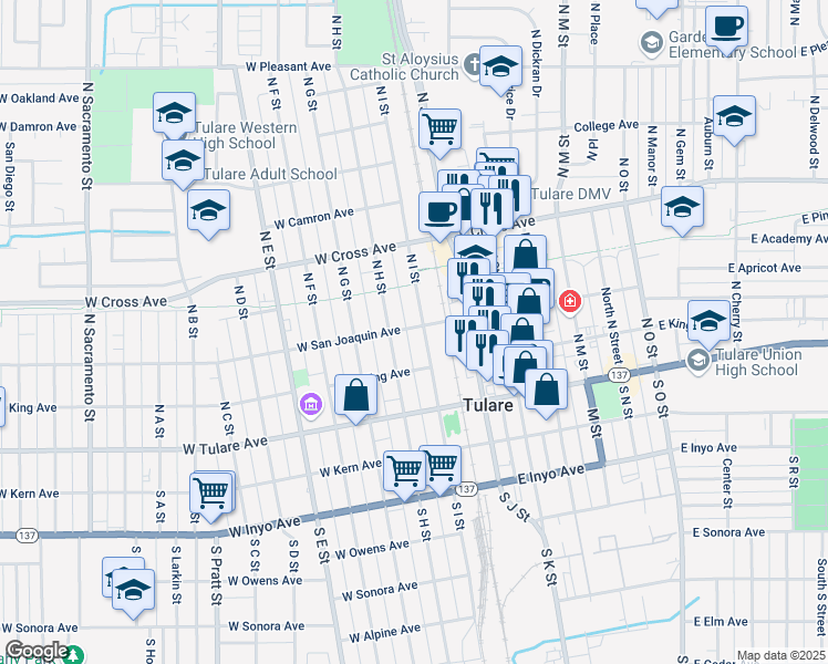 map of restaurants, bars, coffee shops, grocery stores, and more near in Tulare
