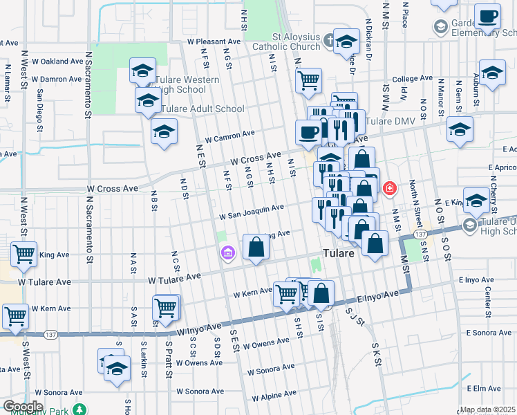 map of restaurants, bars, coffee shops, grocery stores, and more near 246 West San Joaquin Avenue in Tulare