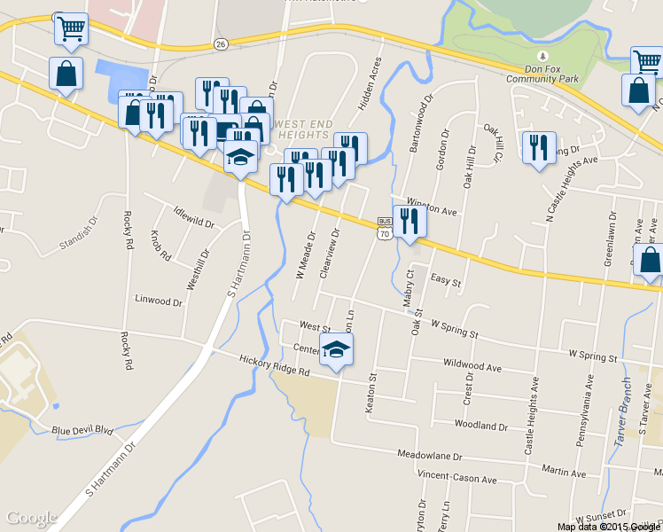 map of restaurants, bars, coffee shops, grocery stores, and more near 113 Clearview Dr in Lebanon