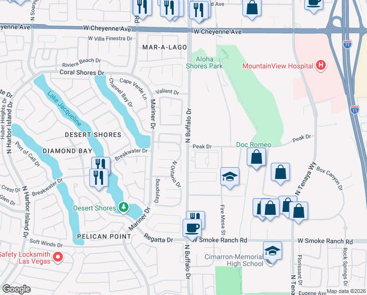 map of restaurants, bars, coffee shops, grocery stores, and more near 2705 North Ontario Drive in Las Vegas