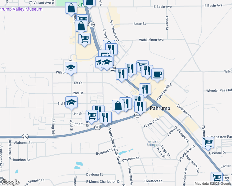 map of restaurants, bars, coffee shops, grocery stores, and more near 620 Raindance Drive in Pahrump