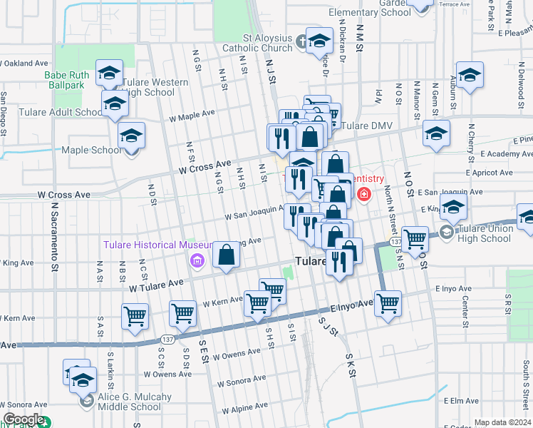map of restaurants, bars, coffee shops, grocery stores, and more near in Tulare