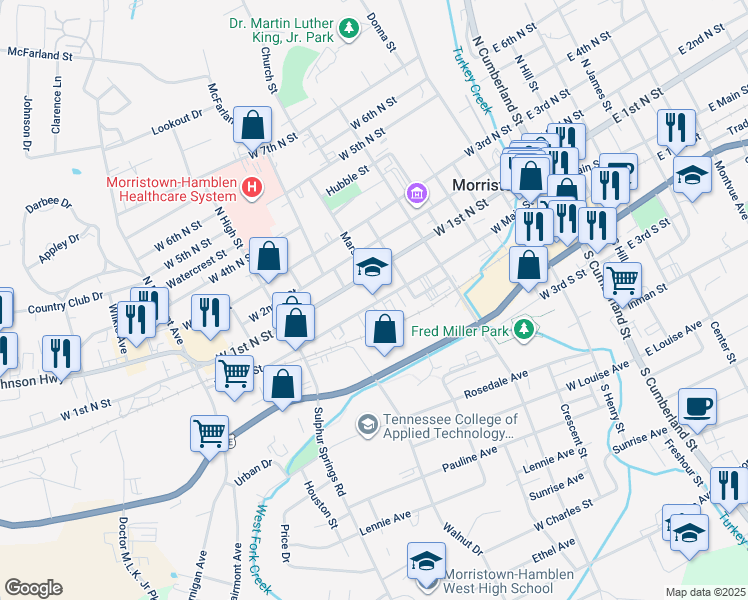 map of restaurants, bars, coffee shops, grocery stores, and more near in Morristown