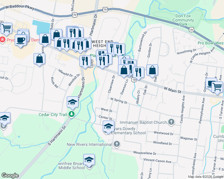 map of restaurants, bars, coffee shops, grocery stores, and more near 113 Clearview Drive in Lebanon