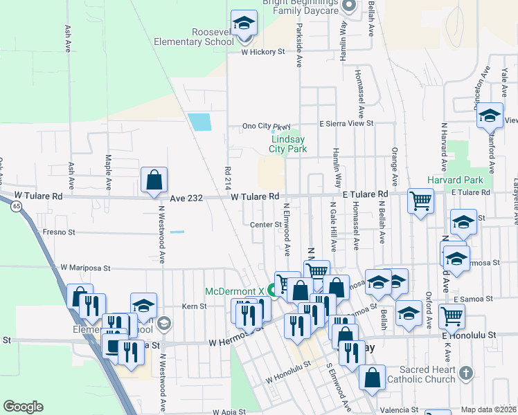 map of restaurants, bars, coffee shops, grocery stores, and more near 755 North Sweetbriar Avenue in Lindsay