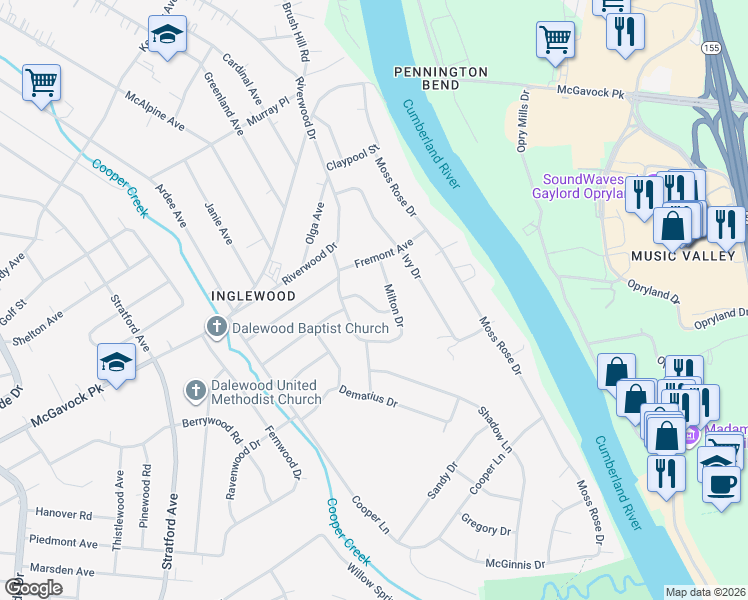 map of restaurants, bars, coffee shops, grocery stores, and more near 2111 Avalon Drive in Nashville